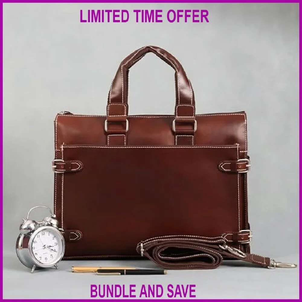 Leather Laptop Briefcase for Men, 3 Zipper Pockets, Fits 16-inch Laptop